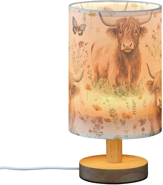 Bedside Table Lamp Highland Cow Butterfly Flowers Nightstand Lamp with Wood Desk Lamps for Bedroom Living Room Nursery Office Home Decor