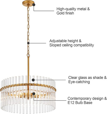 Glass Chandelier for Entryway, Gold Pendant Light for Hallway, Modern Hanging Light Fixture for Kitchen Island Dining Room Bedroom Foyer, Dia 24 Inch