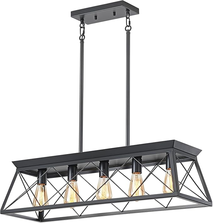5-Light Farmhouse Pendant Light for Dining Room, Rustic Kitchen Island Lighting, Adjustable Height Chandeliers for Kitchen, Dining Room Table Black