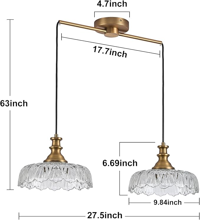 HDDFL Vintage Pendant Lighting Fixtures Modern Glass Hanging Lamp with Adjustable Cord for Kitchen Island Dining Room Hallway 2 Light Brass and Clear