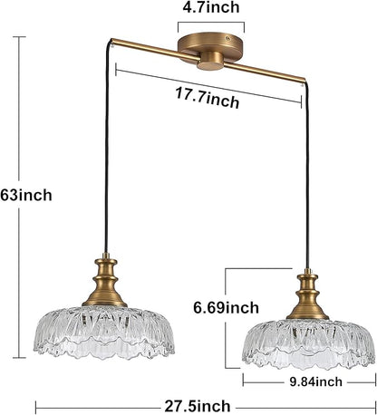 HDDFL Vintage Pendant Lighting Fixtures Modern Glass Hanging Lamp with Adjustable Cord for Kitchen Island Dining Room Hallway 2 Light Brass and Clear