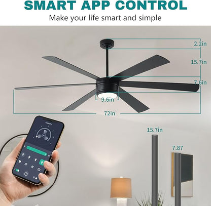 SHOWDI Ceiling Fan with Lights and Remote, 6 Blade App Control Timer Reversible Stepless Brightness and Color Temperature Outdoor Wood Ceiling Fan with Lights (Black, 72 Inch)