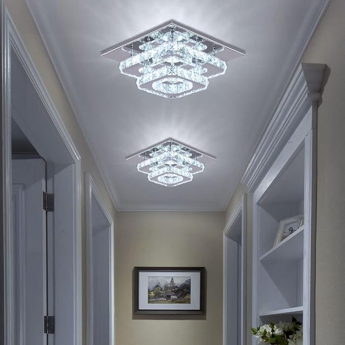 FRIXCHUR 9.8" Crystal Ceiling Light, 3-Color LED Square Flush Mount Chandelier, 2-Layer K9 Crystal Ceiling Lamp for Bedroom Living Room Dining Room Hallway Foyer 25W