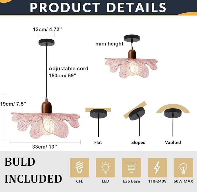 Modern Pink Glass Pendant Lights Fixtures Adjustable 13"/ 33CM Flower Hanging Ceiling Light Farmhouse Wood Chandelier for Kitchen Island Dining Room Foyer Cafe