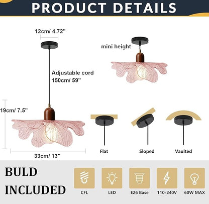 Modern Pink Glass Pendant Lights Fixtures Adjustable 13"/ 33CM Flower Hanging Ceiling Light Farmhouse Wood Chandelier for Kitchen Island Dining Room Foyer Cafe