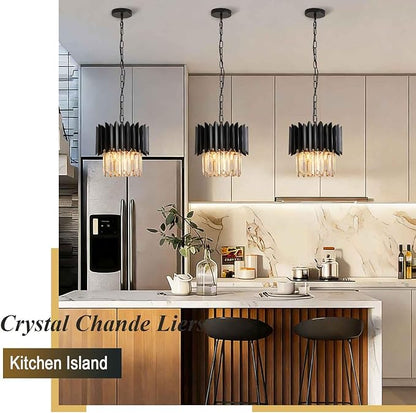 Black Crystal Chandelier 12 Inch K9 Crystal Pendant Light Fixture 3-Light Semi Flush Mount Ceiling Light for Kitchen Island Dining Room Bedroom Foyer Entryway Hallway