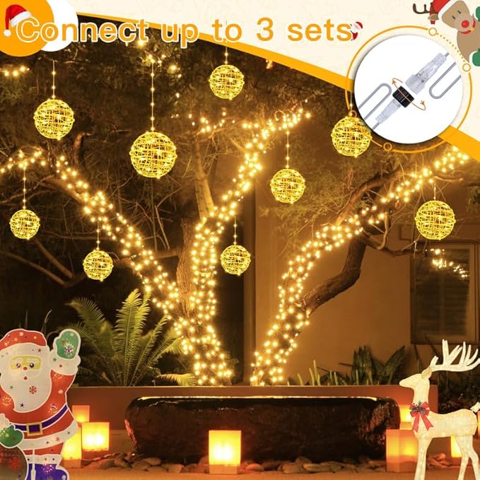 Ollny Christmas Lights Outdoor 4Pack 7.87inch, Warm White 200 LED Ball Light with Plug in Remote, 8 Modes IP67 Waterproof Connectable Sphere Tree Lights for Indoor House Yard Garage Decorations