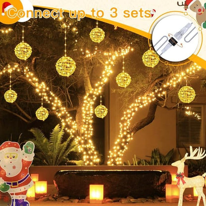 Ollny Christmas Lights Outdoor 4Pack 7.87inch, Warm White 200 LED Ball Light with Plug in Remote, 8 Modes IP67 Waterproof Connectable Sphere Tree Lights for Indoor House Yard Garage Decorations