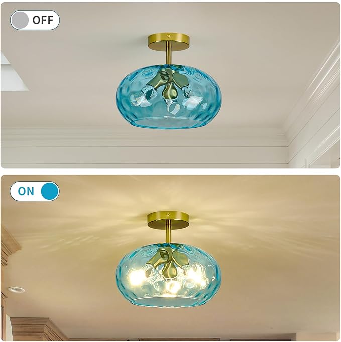 Luafac Blue Glass Semi Flush Mount Ceiling Light - 12 Inch Hammered Glass Hallway Light fixtures Ceiling, Vintage Gold Flush Mount Ceiling Light,Mid Century Light Fixture for Bedroom Entryway Kitchen