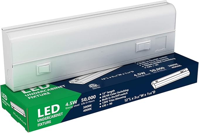 12 inch Hardwired Under Cabinet Lights, 2 Color Settings - 3000K (Soft White) and 4000K (Cool White), Under Cabinet Lighting, Dimmable Under Counter Lights, Under-Counter Light Fixtures