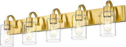 Emliviar 5-Light Vintage Vanity Lighting for Bathroom, 37-Inch Wall Mount Light Fixture with Clear Glass Shade, Brushed Gold Finish, YCE237B-5W BG