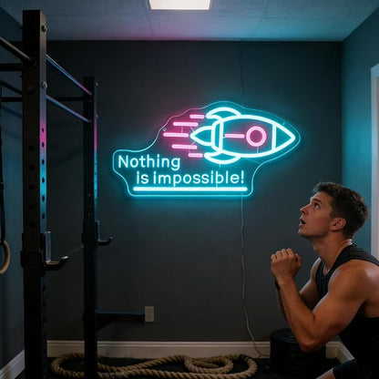"Nothing Is Impossible!" Rocket Neon Light for Gaming Room Office – Motivational LED Wall Art, Dimmable USB Space-Themed Decor for Study Gym, Inspiring Gift for Gamers Teens Entrepreneurs