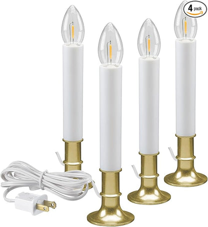 Xodus Innovations AC1120B-4 Electric Plug-in 8.25 inch Flameless Window Candle with Dusk to Dawn Light Sensor Timer, White Candle with Brass Base Pack of 4