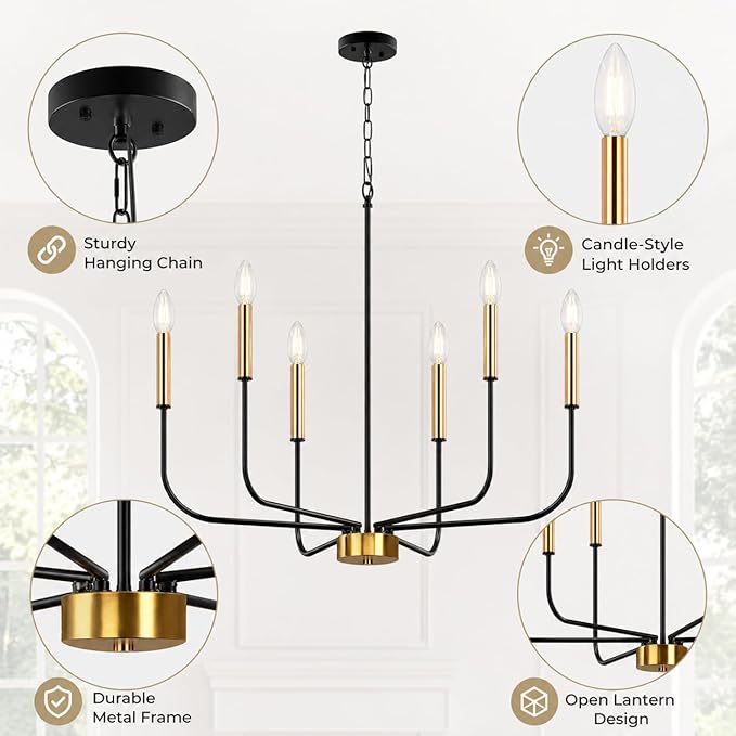 DORESshop 6-Light Black and Gold Farmhouse Chandeliers for Dining Room, Light Fixture Adjustable Height, Industrial Modern Chandeliers for Living Room, Bedroom and Foyer