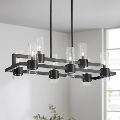 WUZUPS Island Rectangle Chandelier 8-Light with Clear Glass Industrial Modern Farmhouse Linear Light Fixture for Dining Room Kithen Island, Width 33.5" Height 12.6", Black