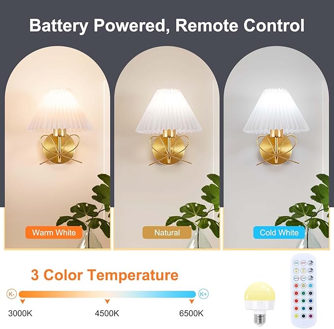 ADISUN Modern Wall Sconce Set of Two, Battery Operated Wall Sconce Remote Control Dimmable Wall Lamp Wireless Sconces for Living Room Bathroom Dining Room Corridor Staircase