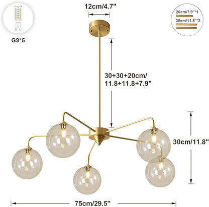 Mid Century Modern Sputnik Chandelier Brass Gold Chandelier Cognac Clear Glass Globe Sputnik Chandelier for Kitchen Dining Room Bedroom