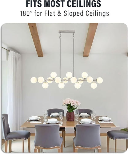 55" Long Chandeliers for Dining Room Kitchen Island, Large Globe Sputnik Linear Chandelier, 16 Lights Mid Century Modern Light Fixture Over Table, Chrome and Milk White Bubble, GC-08