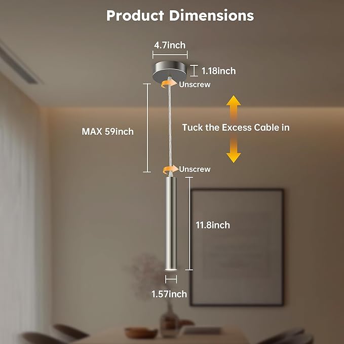 Brushed Nickel LED Pendant Light, 10W Modern Dimmable LED Downward Adjustable Hanging Spotlight, Lighting for Kitchen Island, Dining Room, Bar, 4000K Neutral White, ETL Driver, Pack of 1