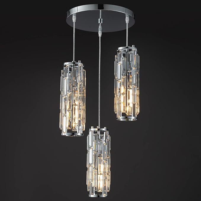 LMQNINE 3 Light Chrome Pendant Lighting Modern Pendant Light, Mini Crystal Chandeliers,Adjustable Pendant Light Fixture for Kitchen Island Dinning Room Bedroom (Chrome 3-Light)