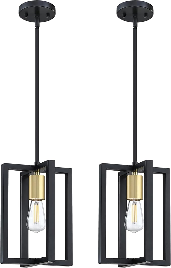 1 Light Hanging Rustic Farmhouse 7.3" Metal Lantern Cage Pendant Ceiling Light Fixture,Cafe Bar Over Sink Dining Room Bedroom Kitchen Island 2 Pack Black Gold