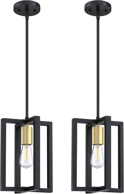1 Light Hanging Rustic Farmhouse 7.3" Metal Lantern Cage Pendant Ceiling Light Fixture,Cafe Bar Over Sink Dining Room Bedroom Kitchen Island 2 Pack Black Gold