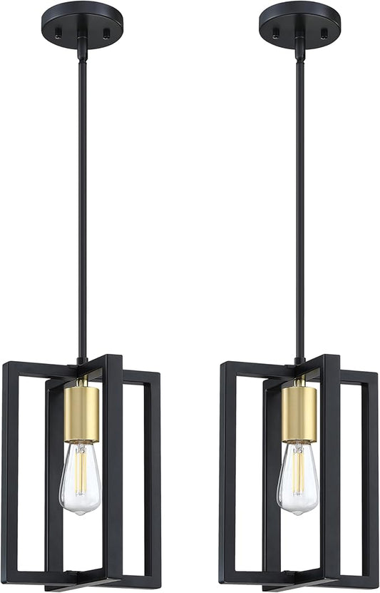 1 Light Hanging Rustic Farmhouse 7.3" Metal Lantern Cage Pendant Ceiling Light Fixture,Cafe Bar Over Sink Dining Room Bedroom Kitchen Island 2 Pack Black Gold