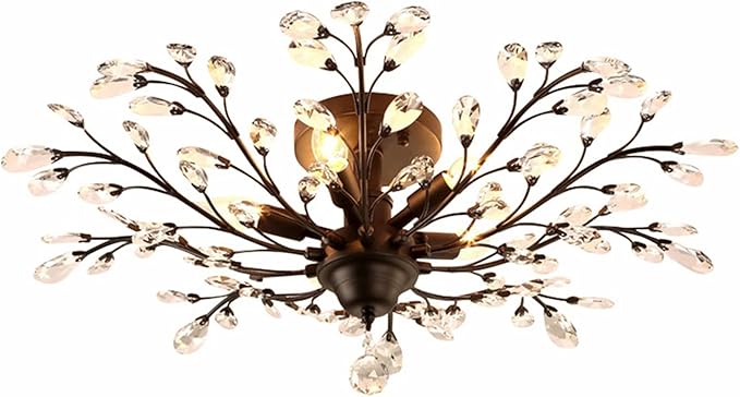 SEOL-Light Vintage Large Crystal Branches Chandeliers Black Close to Ceiling Light Flush Mount Fixture with 5 Light 200W 31.5" Dia;