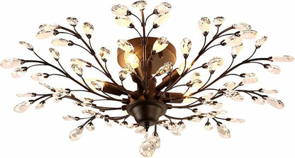 SEOL-Light Vintage Large Crystal Branches Chandeliers Black Close to Ceiling Light Flush Mount Fixture with 5 Light 200W 31.5" Dia;