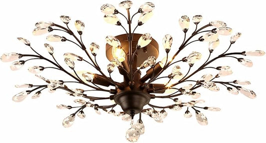 SEOL-Light Vintage Large Crystal Branches Chandeliers Black Close to Ceiling Light Flush Mount Fixture with 5 Light 200W 31.5" Dia;