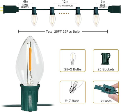 C9 LED Christmas Lights Outdoor 25FT, 25 Energy Efficient Warm White Vintage Bulbs, Connectable, Weatherproof for Roof, Xmas Tree, Porch, Yard, Patio, Holiday Decor - Green Wire