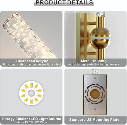 Wall Sconces Set of Two, Brushed Brass Modern Wall Sconce Indoor, 13W Dimmable LED Sconces Wall Lighting for Bathroom Bedroom Living Room Hallway (17.7inch,2 Pack)