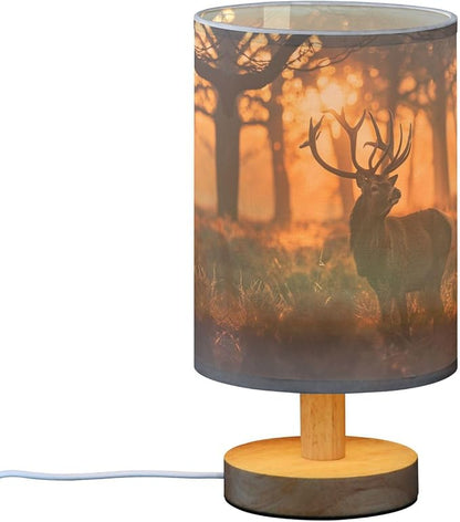 Table Lamp Deer in Sunrise Forest Nightstand Lamp with Wood Base Fabric Lamp Shade Bedside Desk Lamp for Living Room Bedroom Kids Room Office