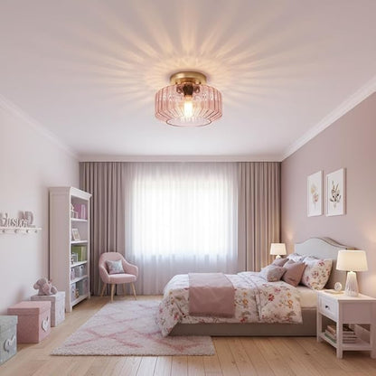 Pink Ribbed Glass Flush Mount Ceiling Light, 8.66" Modern Gold Semi-Flush Mount Light Fixture, Mid-Century Round Ceiling Lamp with E26 Base for Bedroom Bathroom Hallway
