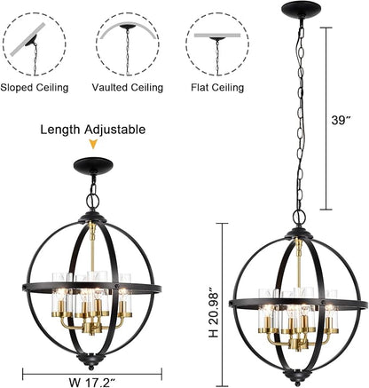 Treekee Rustic Chandelier, 17" Black and Gold Finish Glass Cover Luxurious Hanging Light, 4-Light Globe Vintage Pendant Ceiling Light Fixtures for Living Room Entry Way Dining Room