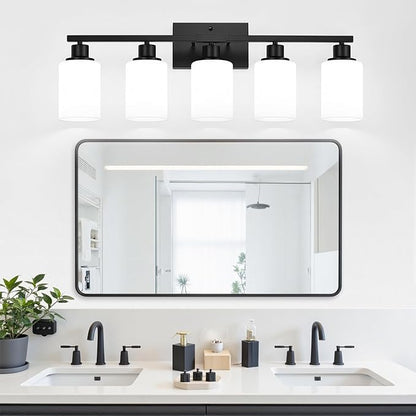 Indoi 5-Light Black Bathroom Vanity Light Fixture with Milky White Frosted Glass Shades, Bathroom Light Fixture for Mirror, Matte Finish, Reversible Up/Down Lighting for Bedroom, Living Room, Hallway