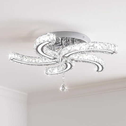 Finktonglan 19.7" Multi-Color Crystal Semi Flush Mount Ceiling Light, 5-Light LED Chandelier, 3-Color Switch (Warm/Neutral/Cool), K9 Crystal & Acrylic, 25W, Modern Ceiling Lighting Fixture