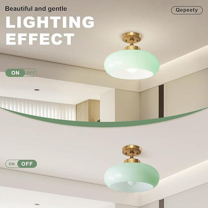 Mint Green Glass Semi Flush Mount Ceiling Light, 11.02" Mid Century Modern Gold Close to Ceiling Light Fixture, Vintage Ceiling Lamp for Bedroom Hallway Kitchen Entryway