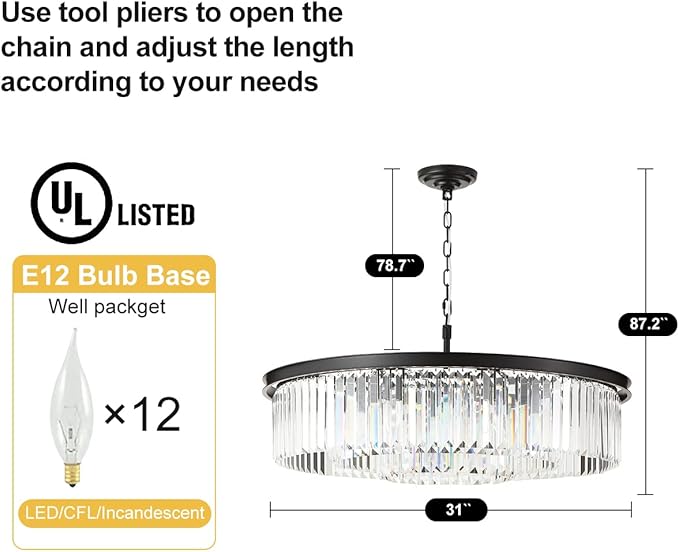 Black Large Crystal Chandelier Modern Luxury Chandelier Ceiling Lights Fixture for Dining Living Room 12-Lights 3-Tier Raindrop Chandeliers Lighting (Black, Dia 31 Inch)