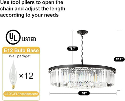 Black Large Crystal Chandelier Modern Luxury Chandelier Ceiling Lights Fixture for Dining Living Room 12-Lights 3-Tier Raindrop Chandeliers Lighting (Black, Dia 31 Inch)