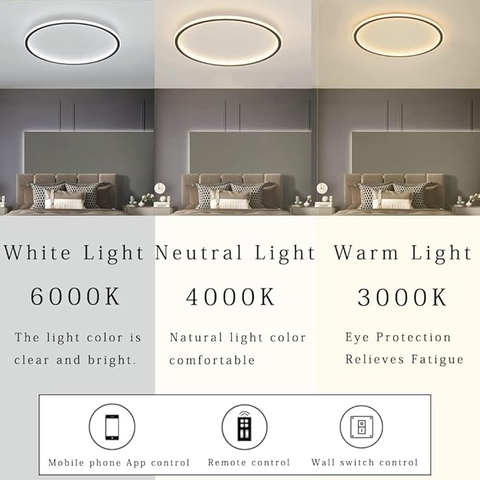 Dimmable LED Ceiling Light Fixture Flush Mount,12" Round Recessed Ceiling Lamp with APP Adjustment,Black Ceiling Lamp 3000K-6000K 33W Close to Ceiling Indoor Lighting for Bedroom Dining Living Room