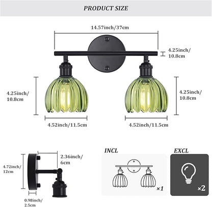 Shenmoyl Bathroom Light Fixtures, 2-Light Black Vanity wall Light Over Mirror with Green Tulip Glass Shade for Bedroom Living Room (Bulb Not Included)