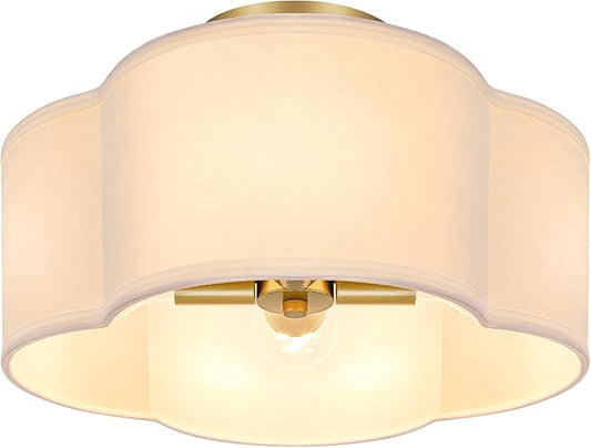 4-Light 14.4'' Semi Flush Mount Ceiling Light Fixture, Gold Modern Close to Ceiling Lamp with White Fabric Shade, Farmhouse Bright Lighting Brass Finish for Nursery Kids Room Bedroom Hallway Entryway