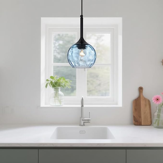 Glass Pendant Lights Kitchen Island: 5.91'' 1-Light Blue Hammered Glass Pendant Light with Black Finish - Modern Minimalist Hanging Light Fixture for Kitchen Sink Dining Room Bedroom- E26 Base