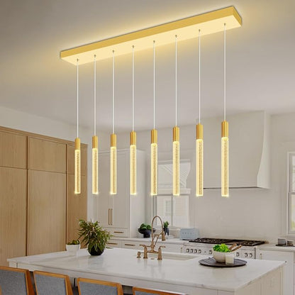 8-Light Gold Rectangular LED Chandelier, Bubble Crystal Column Chandeliers, Modern Dimmable Adjustable Height Hanging Light for Kitchen Island, Over Dining Room Table