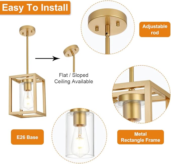 1-Light Rustic Chandelier in Gold Finish Modern Industrial Pendant Lighting Fixture with Clear Glass Shade Hanging Ceiling Light for Dining Room