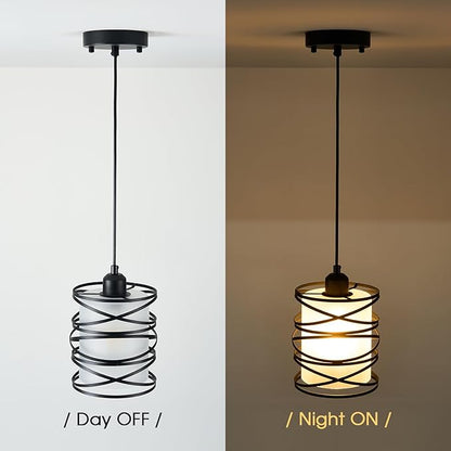 3 Pack Frosted Glass Pendant Light Fixtures 6.3Inch Spiral Metal Cage Mini Pendant Lighting Handblown Kitchen Island Hanging Light Adjustable Cord Pendant Lamp for Dining Room Foyer Hallway, E26
