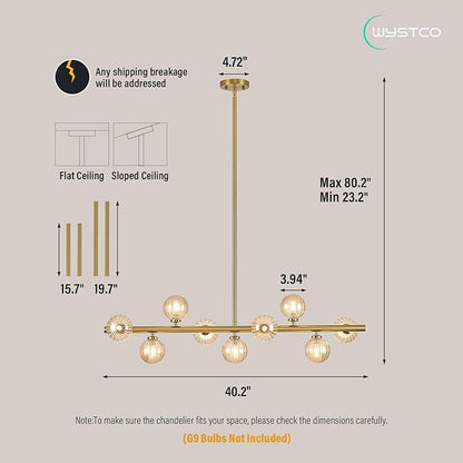 Mid Century Modern Glass Globe Sputnik Chandelier, 9-Light Linear Chandeliers for Dining Room, Kitchen Island, Living, Dining Light Fixture Over Table, Brass Gold and Amber Bubble, 40 Inch