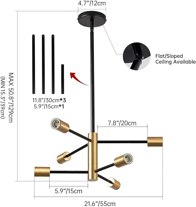 6-Light Black and Gold Mid Century Ceiling Chandelier Height Adjustable for Living Room, Kitchen, Dining Room, Bedroom,Foyer (Bulbs Not Included)