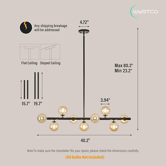 Mid Century Modern Glass Globe Sputnik Chandelier, 9-Light Linear Chandeliers for Dining Room, Kitchen Island, Living, Dining Room Light Fixture Over Table, Black and Amber Bubble, 40 Inch